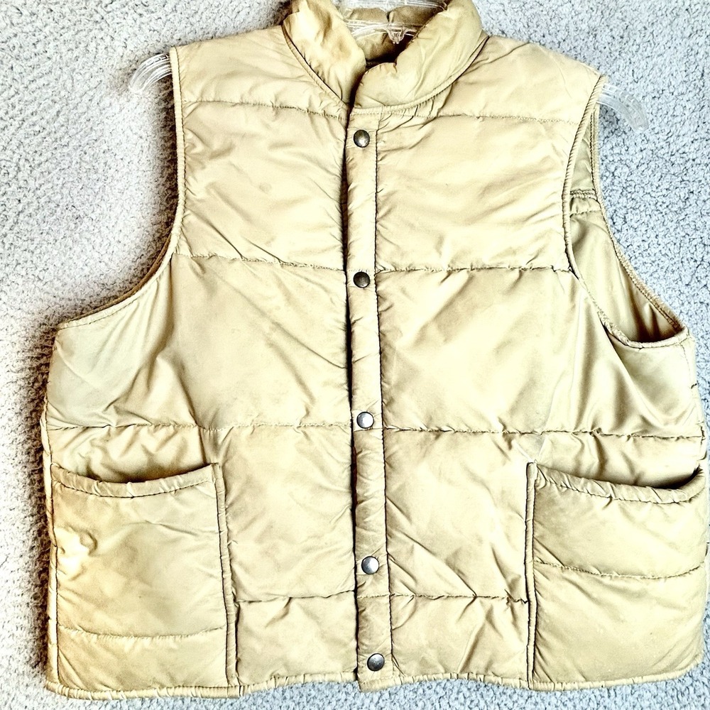 Vintage 70s Down Wind Puffer Vest Size XL Short Beige Down Filled Made in USA
